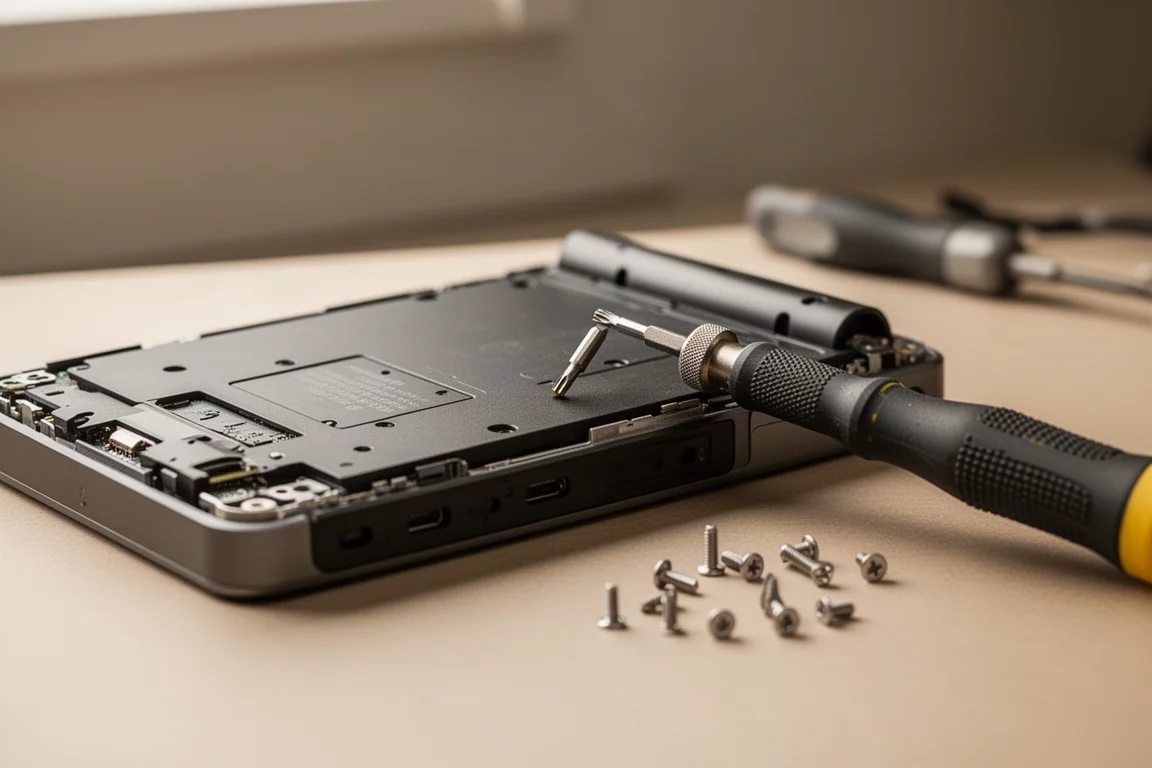 Torx bit being fitted to a small electronics fastener