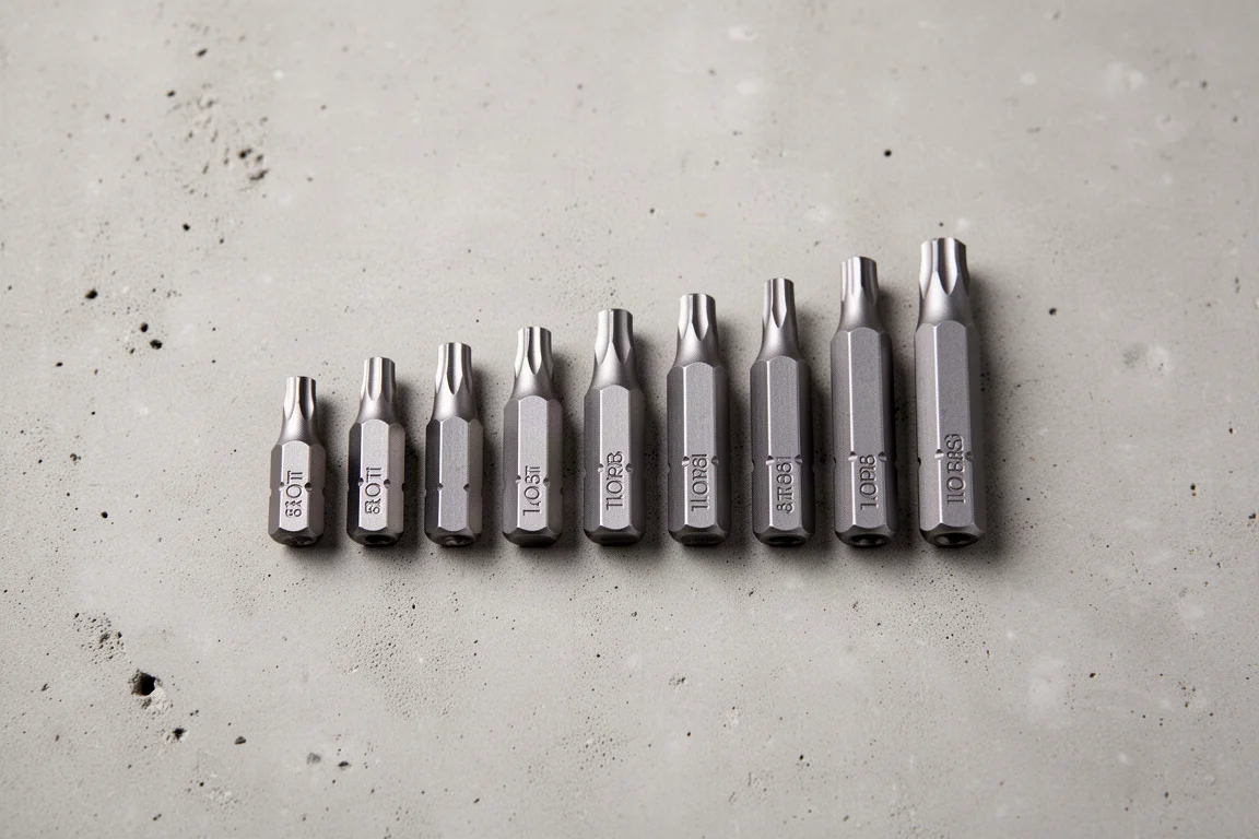 Ten Torx bits laid out in size order on a concrete surface