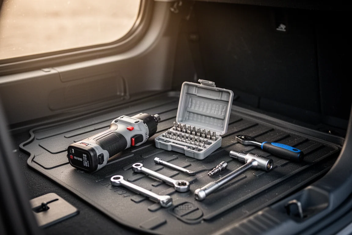 Compact vehicle tool kit with a driver and bits on a car seat