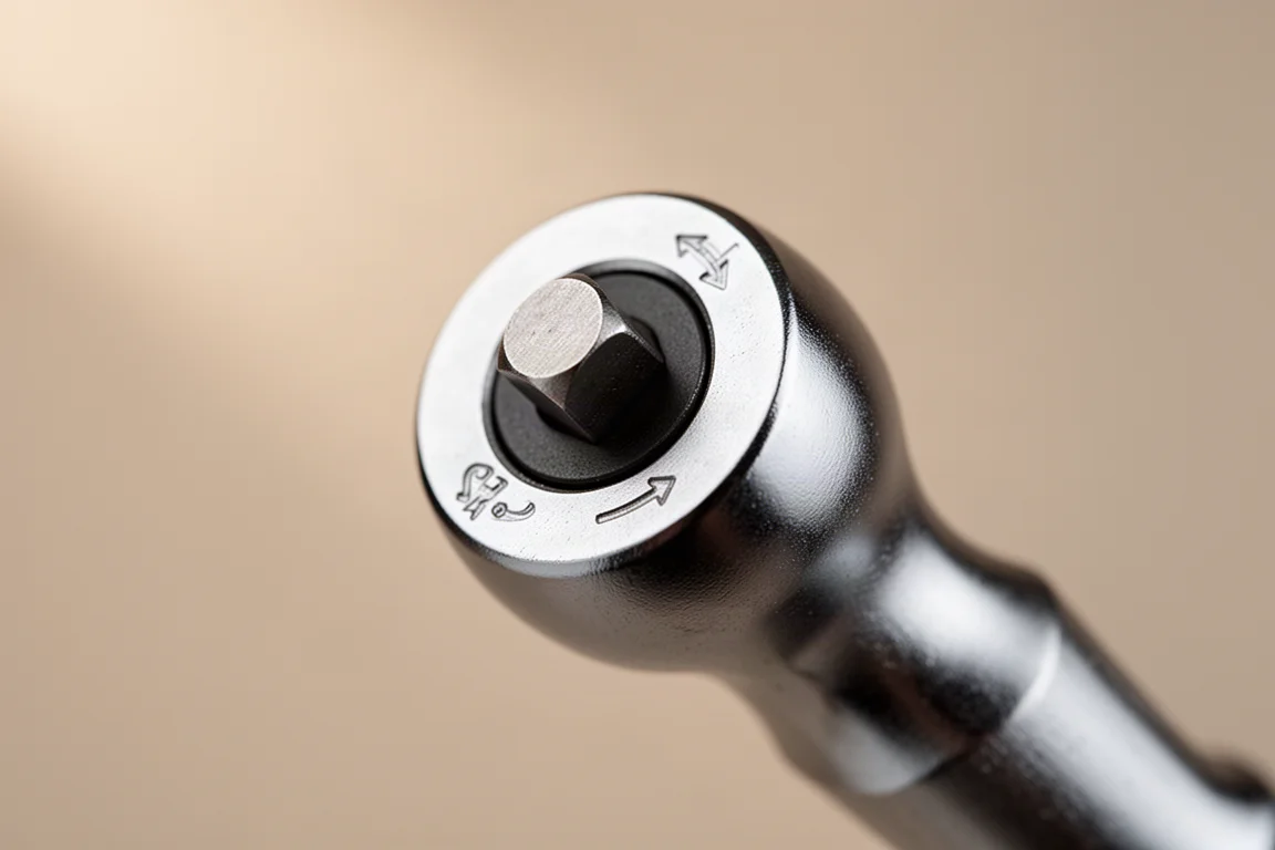 Close-up van een micro-ratchethoofd met de L- en R-markeringen