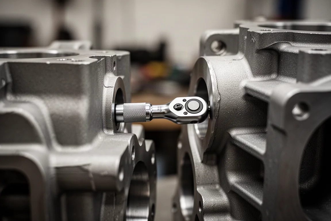 Een handformaat micro-ratchet die in een nauwe opening tussen motoronderdelen reikt
