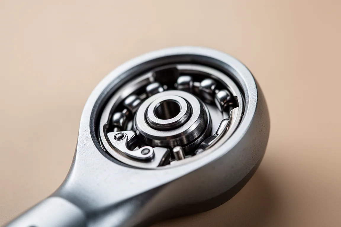 Detail van een open micro-ratchethoofd met kwetsbare interne lageroppervlakken