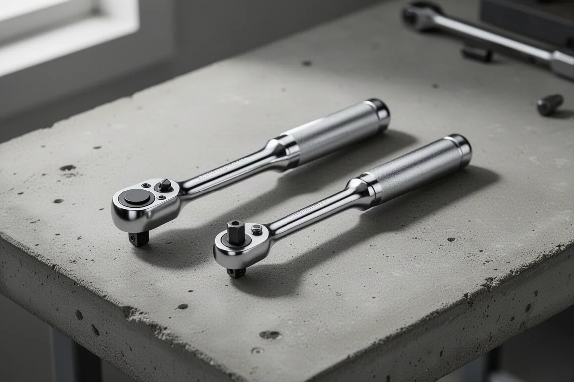 兩把 Titan 無齒輪微型棘輪扳手並排放置在水泥工作檯上