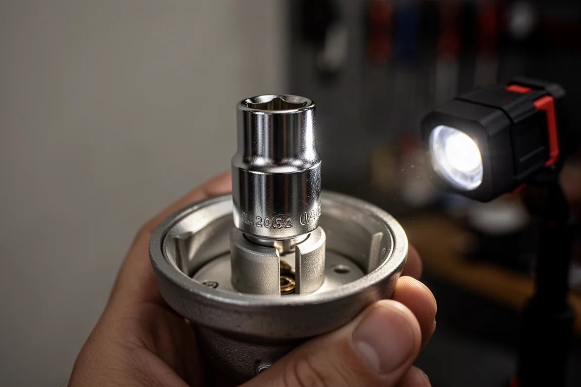 Adaptador de soquete encaixado dentro de um soquete magnético de fixação de parafuso em pouca luz