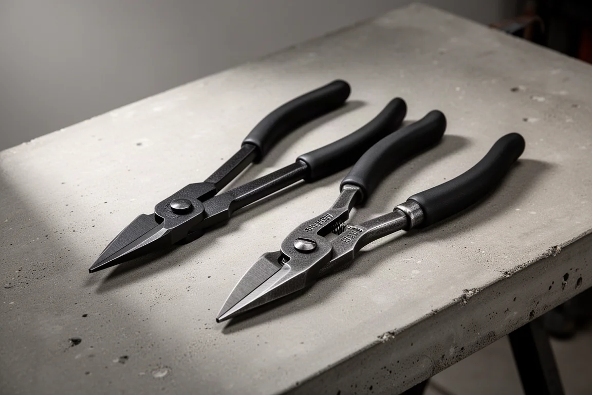 Two long diagonal cutting pliers side by side on a concrete workbench