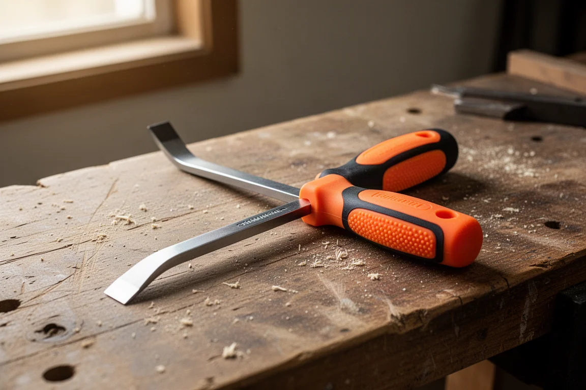 Compact pry bar resting on a workbench next to small hand tools