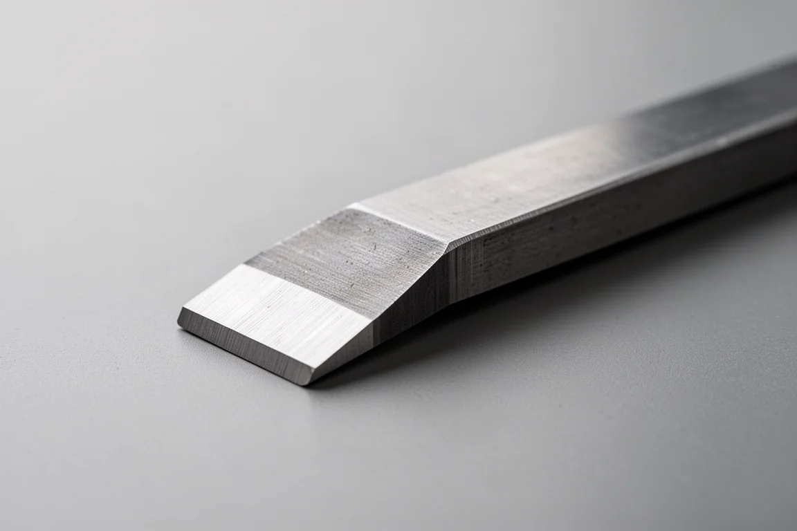 Close-up of the flat angled pry tip of a small steel pry bar