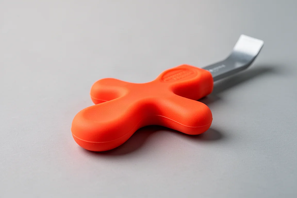 Tri-lobed rubber grip handle of a small pry bar held in soft light