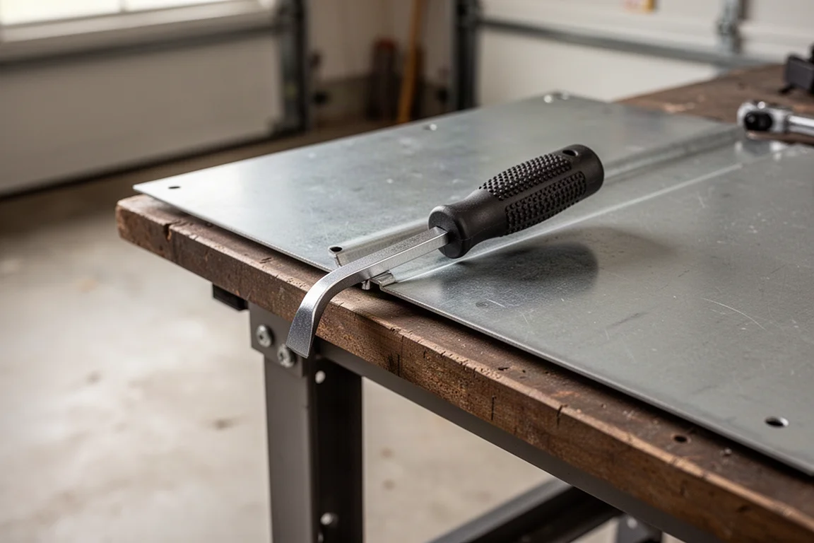 Small pry bar wedged under a panel edge during a light prying task