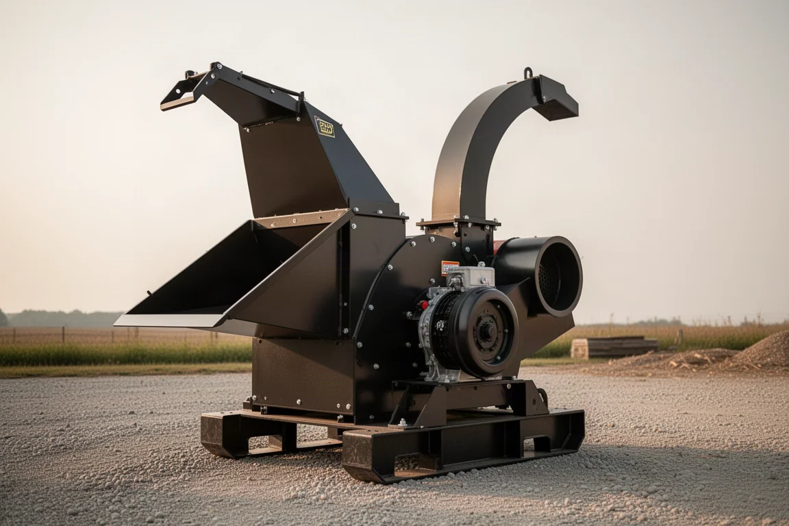 Heavy-duty black PTO wood chipper with top discharge chute on a gravel farmyard