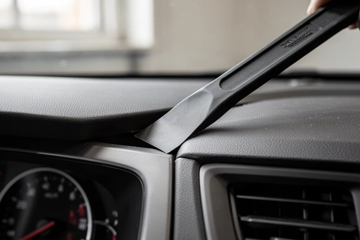 Alavanca de plástico encaixada atrás de um painel interno de carro levantando-o sem riscar