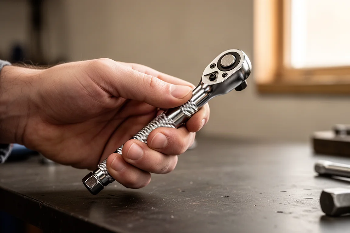 Small quarter-inch micro ratchet held in hand on a workbench