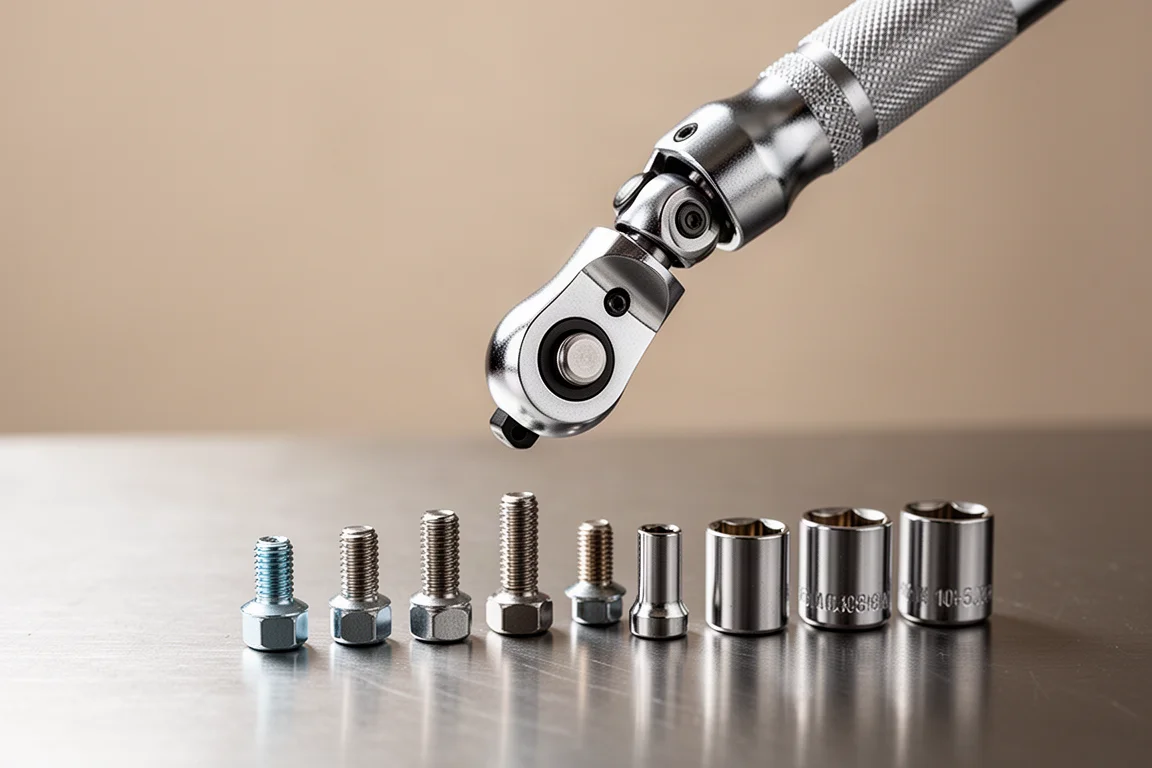 Swivel head ratchet pivoted to a steep angle beside socket fasteners