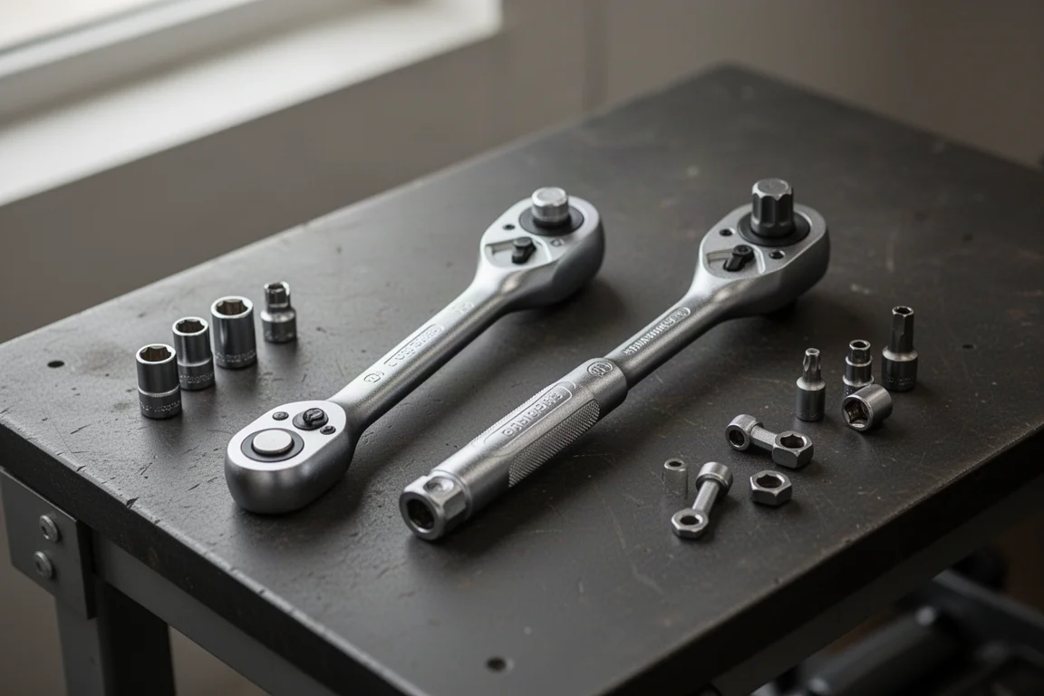 Two compact ratchets side by side on a workbench showing size difference