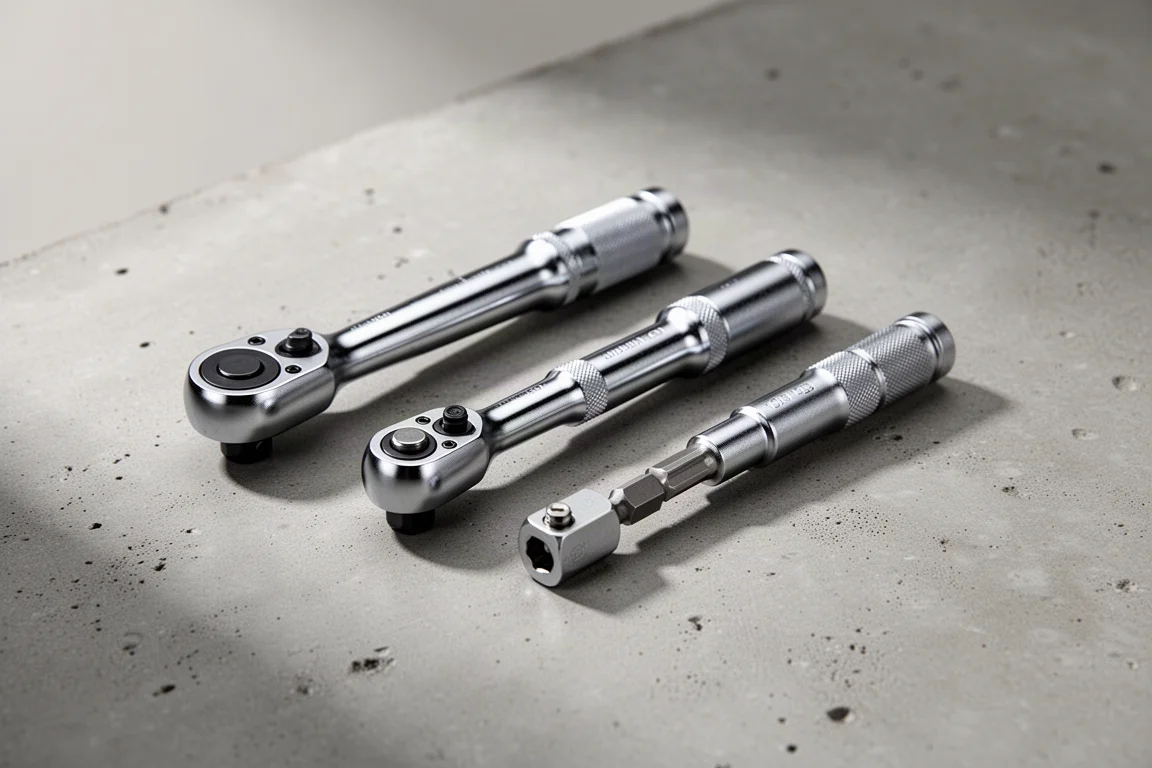 三款 Titan 微型棘輪扳手與一款微型起子頭驅動器整齊排列在水泥地面上