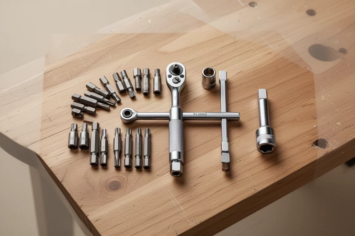 Small nano ratchet laid out on a workbench with hex bits and extension bars