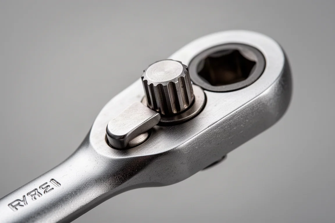 Close-up of a ratchet head showing fine teeth and reversing lever detail