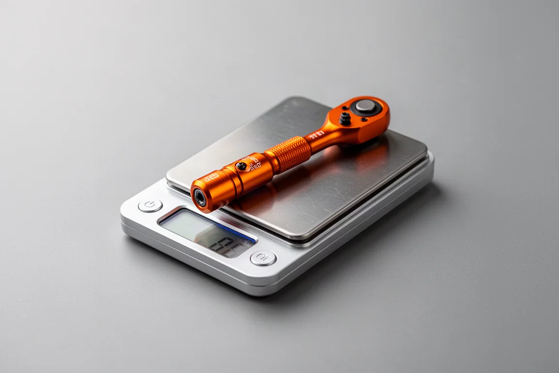 Digital pocket scale weighing a small orange aluminum swivel-head ratchet