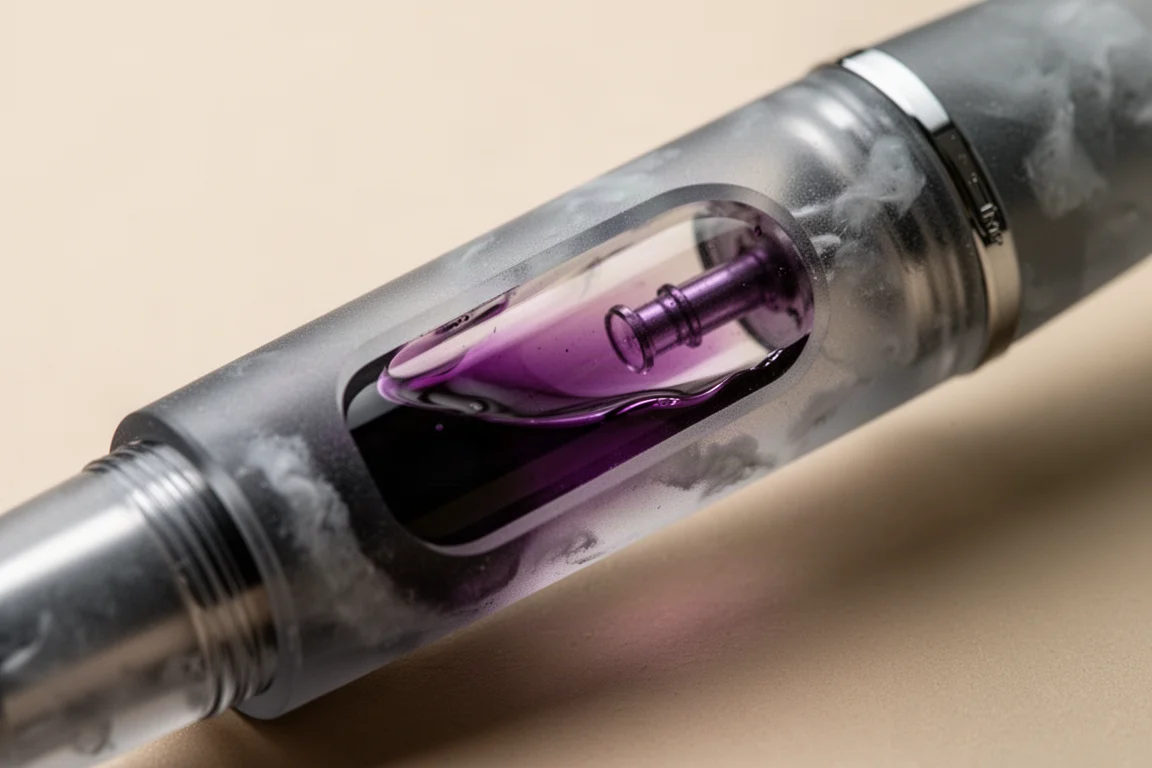 Dettaglio del barrel di una penna stilografica con l'inchiostro che si muove in un ampio finestrella traslucida
