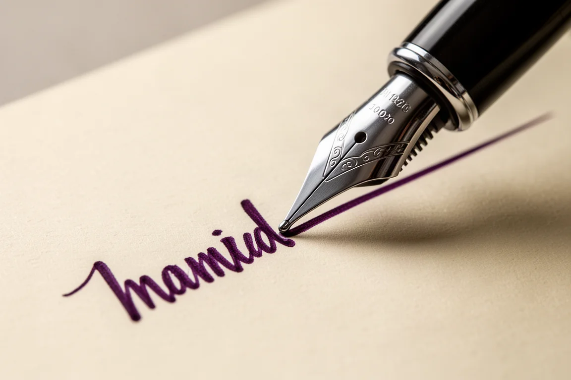Plumino di una penna stilografica che scrive un campione di calligrafia con inchiostro viola su carta crema