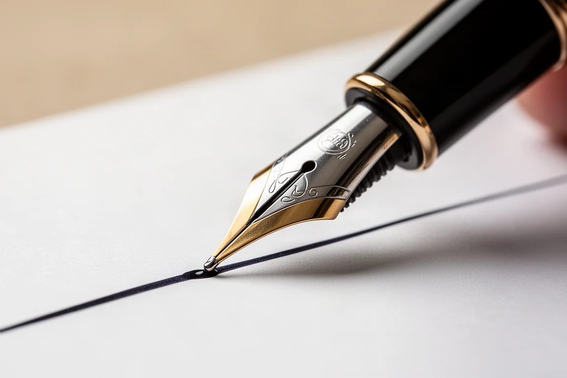 Gros plan sur une plume de stylo plume avec alimentation en ébonite écrivant sur du papier
