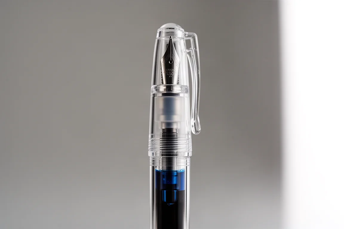 Stylo plume démonstrateur transparent montrant sa chambre d'encre interne