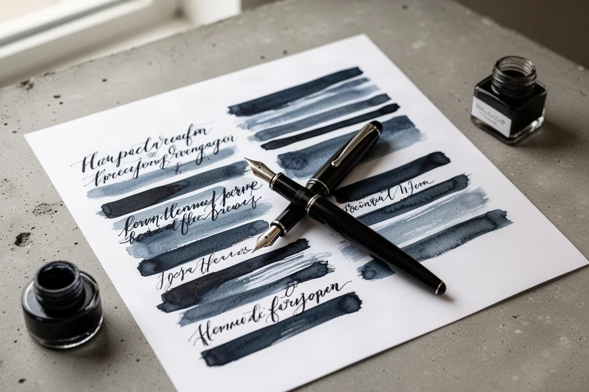 Lignes d'échantillons d'écriture de stylo plume en encre bleue sur papier blanc