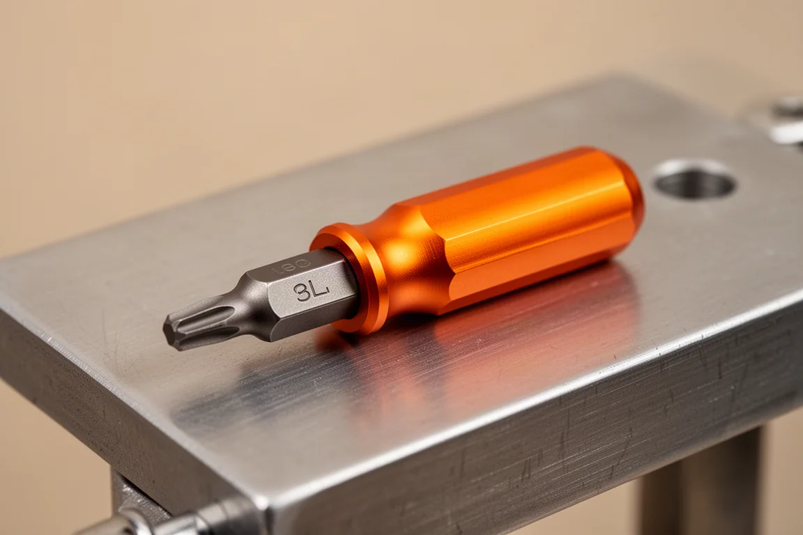 Mango de destornillador de puntas de aluminio anodizado naranja sobre una superficie de trabajo cepillada