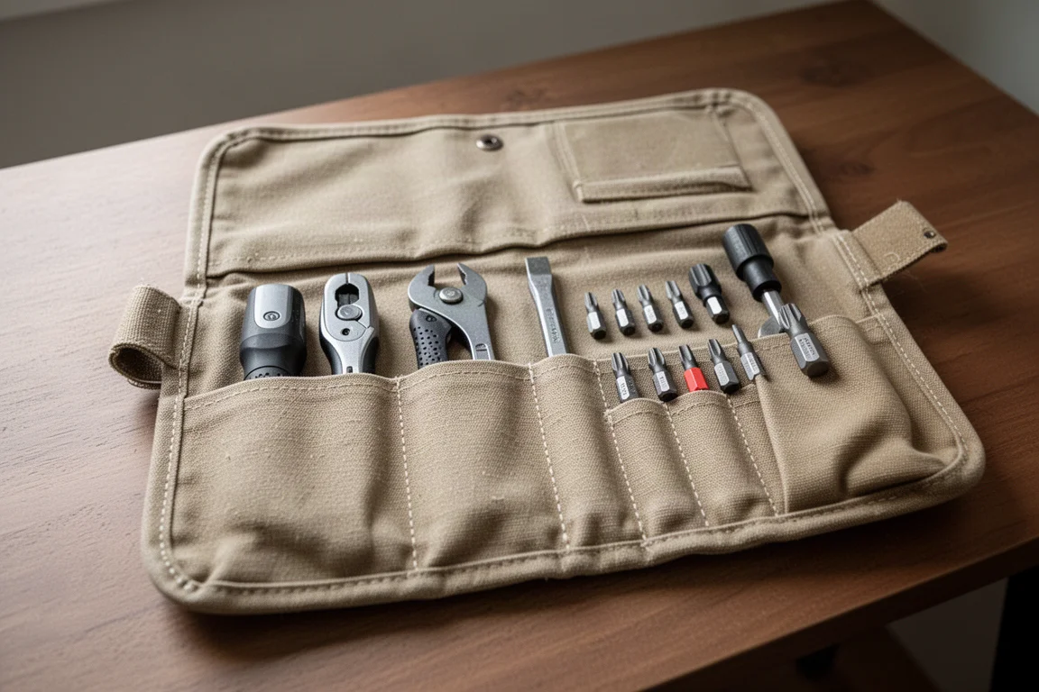 Estuche de herramientas EDC abierto con ratchets y puntas pequeñas ordenados cuidadosamente
