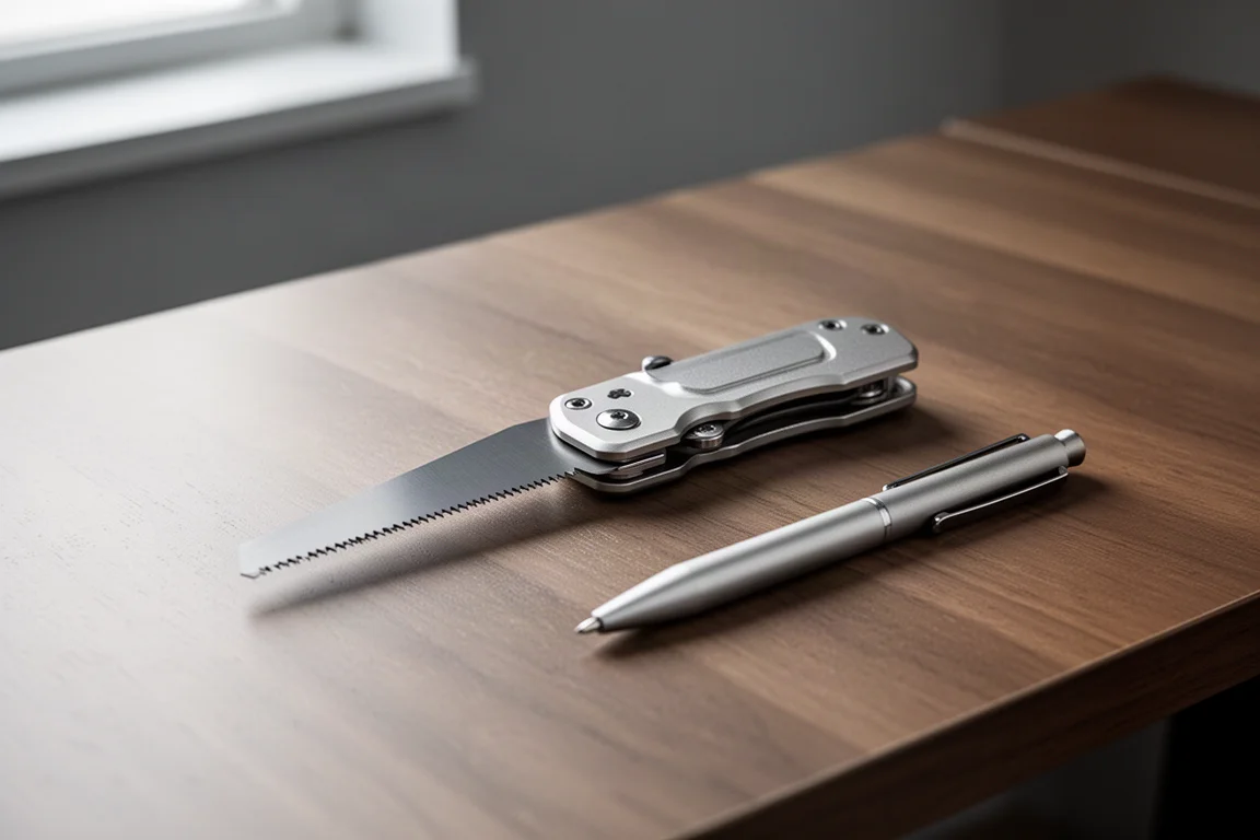 Kleine Titan-Klappsäge in einer offenen Hand neben einem Stift als Größenvergleich