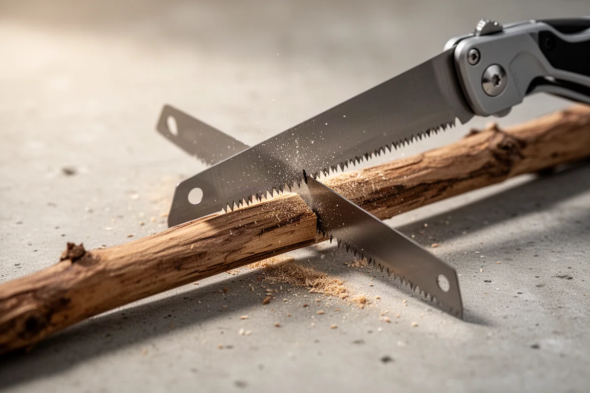 Klappsägenklinge sägt bei einem trockenen Holzstock im Freien durch