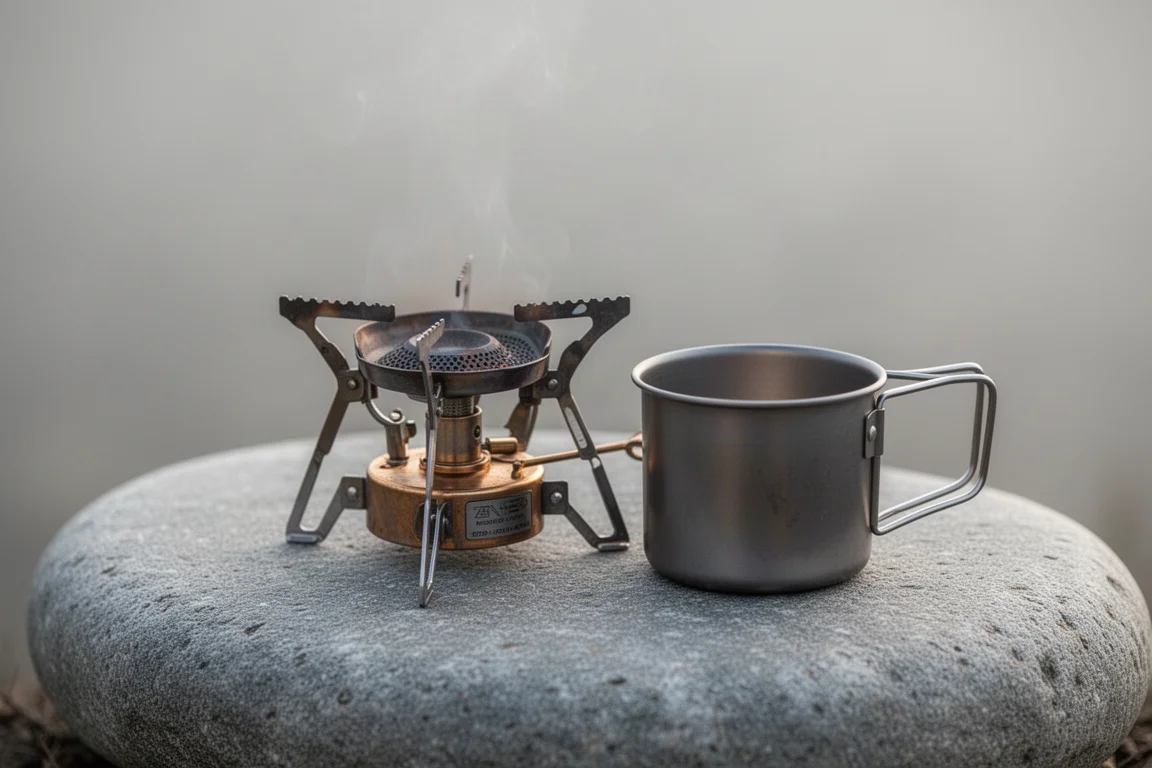 Kleiner Campingkocher und Titan-Topf zum Kochen im Freien aufgebaut