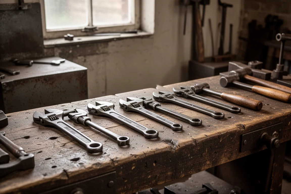 Atelier de Sheffield avec des clés à serrage posées sur un établi