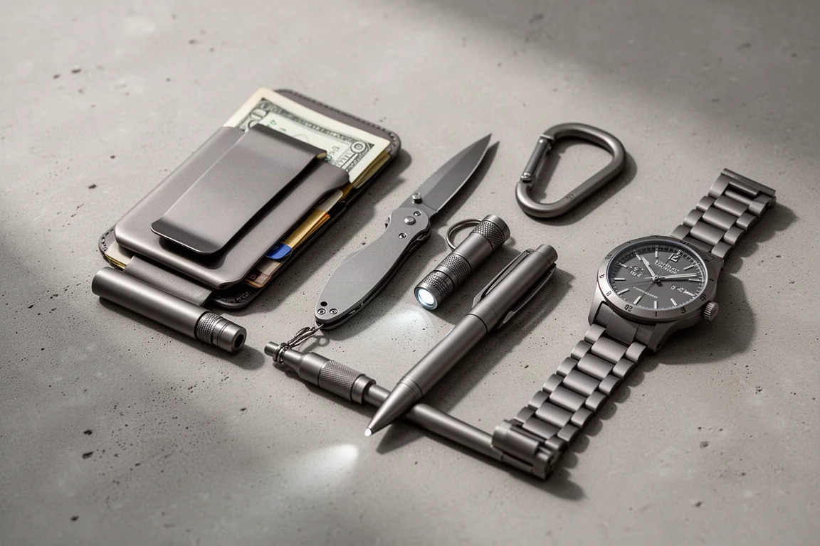 Flat-lay of titanium everyday carry items including wallet, knife, flashlight, carabiner, pen, and watch