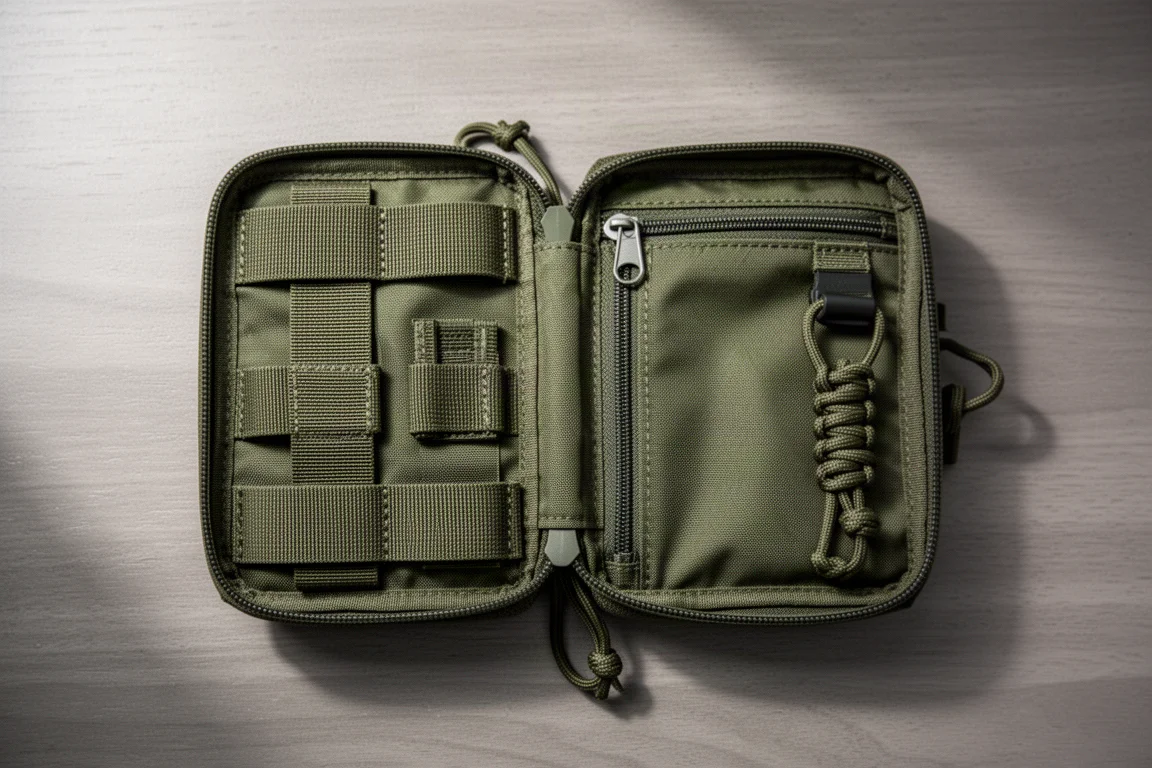 Funda EDC Cordura verde oliva abierta en plano mostrando correas elásticas y bolsillos con cremallera