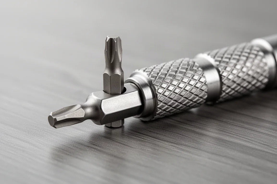 Destornillador de bits hexagonales de titanio con agarre moleteado y una punta de un cuarto de pulgada sobre un escritorio de madera