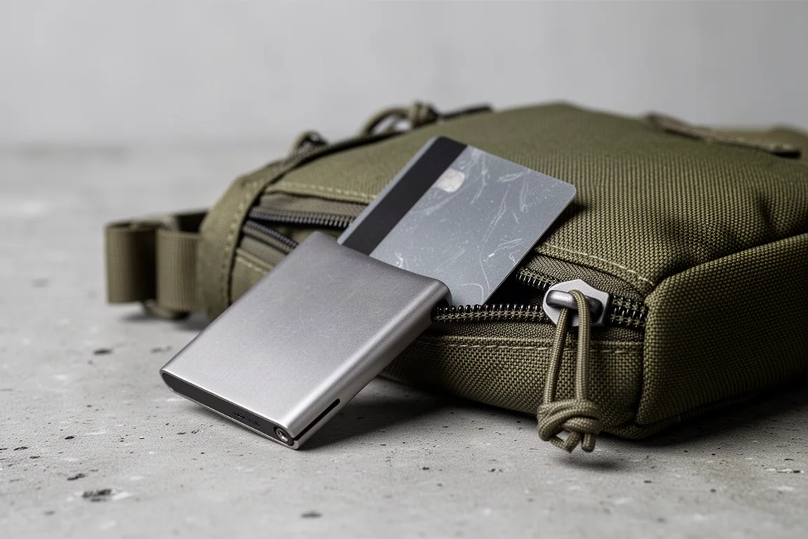 Cartera minimalista de titanio stonewash en formato tarjeta encajada en el bolsillo exterior de una funda EDC