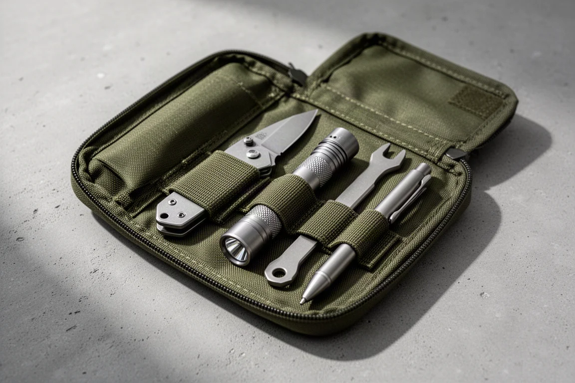 Open olive green EDC pouch with titanium gear arranged in elastic straps on concrete