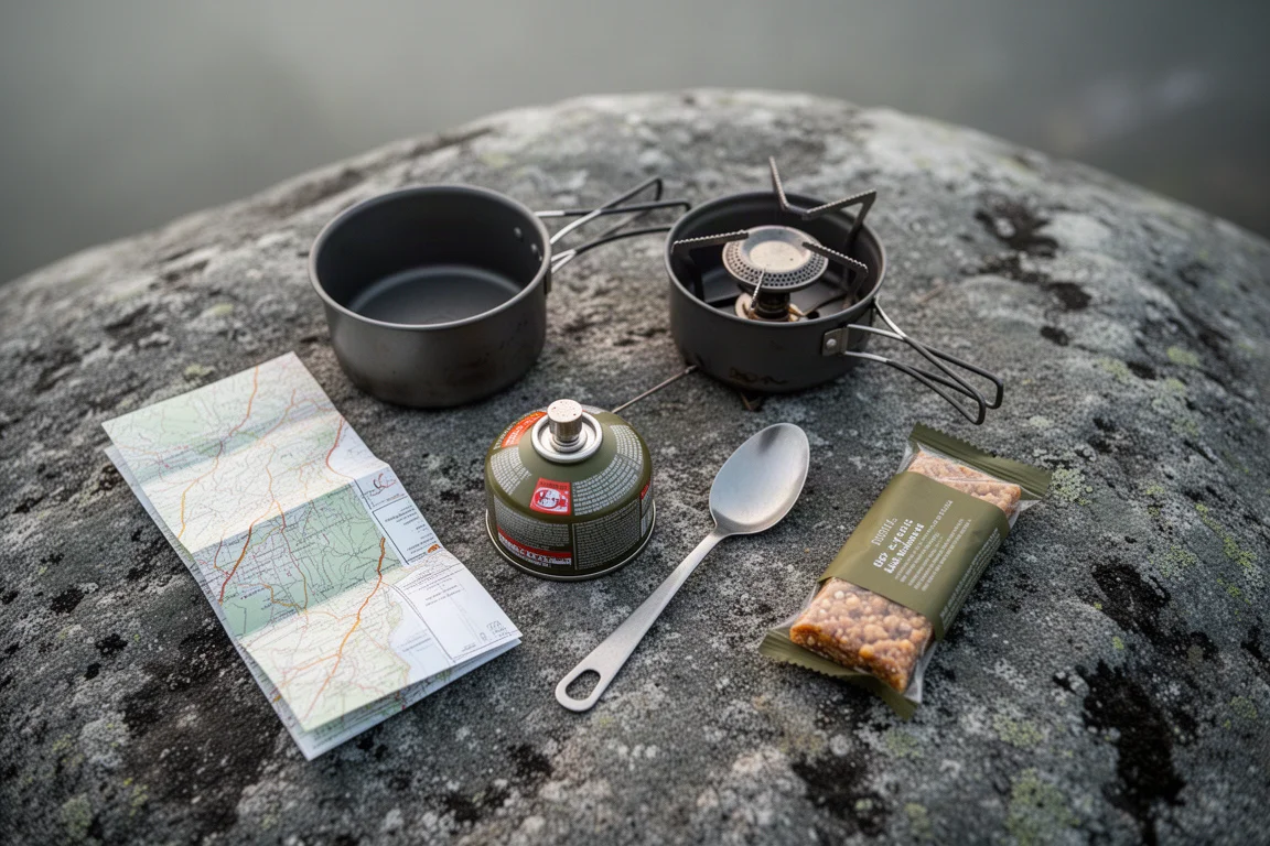Plat bovenaanzicht van een backpacking kookset op verweerd graniet met een wandelkaart
