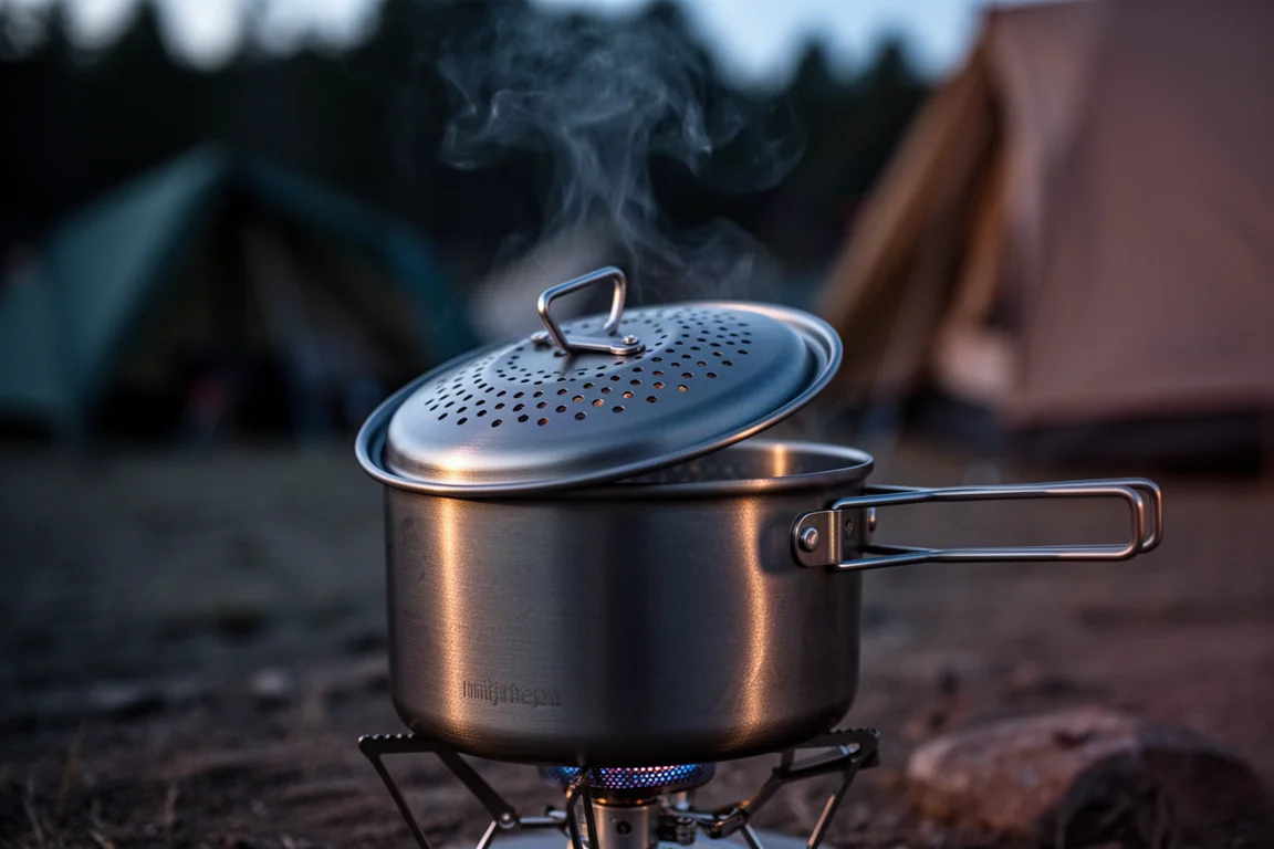 Geperforeerd titanium deksel op een pan met opstijgende stoom in de schemering
