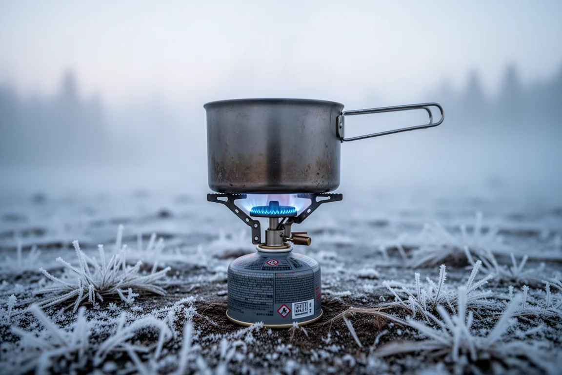 Vlam van een canisterbrander onder een pan op bevroren grond bij zonsopkomst