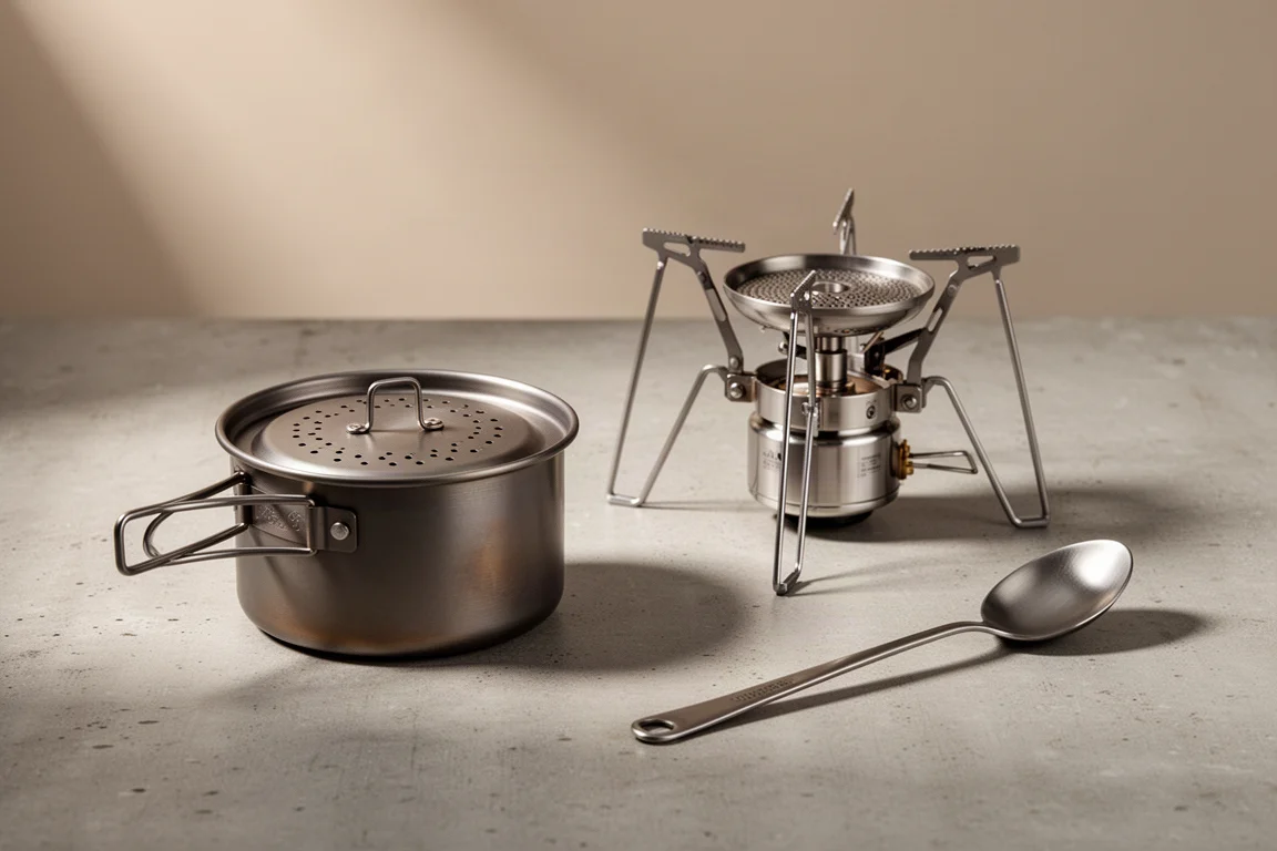 Titanium pot, canister stove, and long-handled spoon arranged on a concrete surface