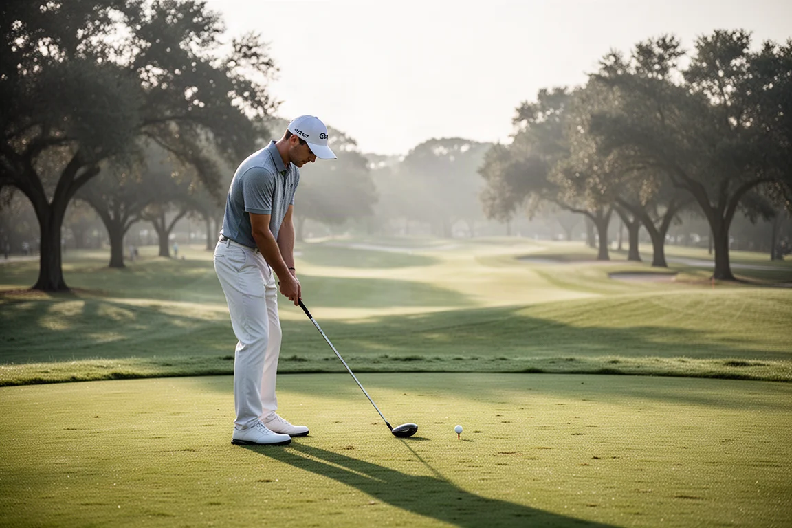 Golfista colocándose frente a la bola en un tee con un driver en un campo de golf escénico