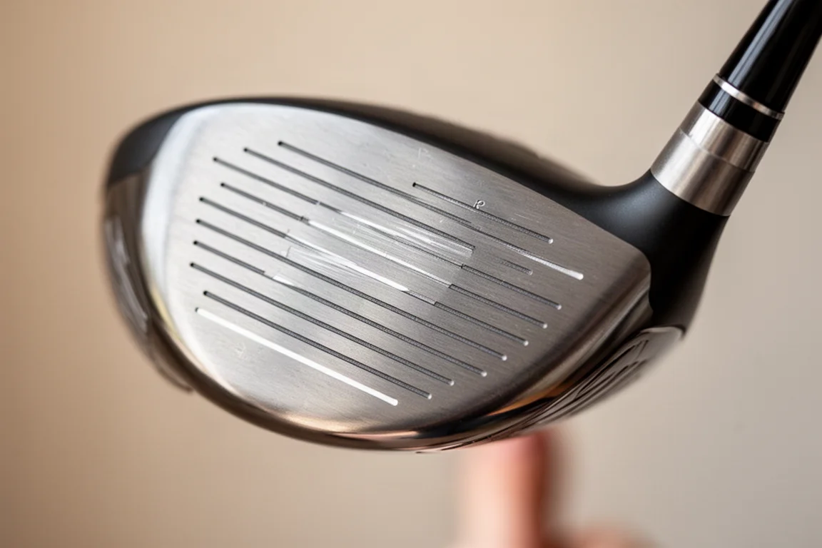 Primer plano de la cara de un driver de golf que muestra el punto dulce y el refuerzo del borde exterior