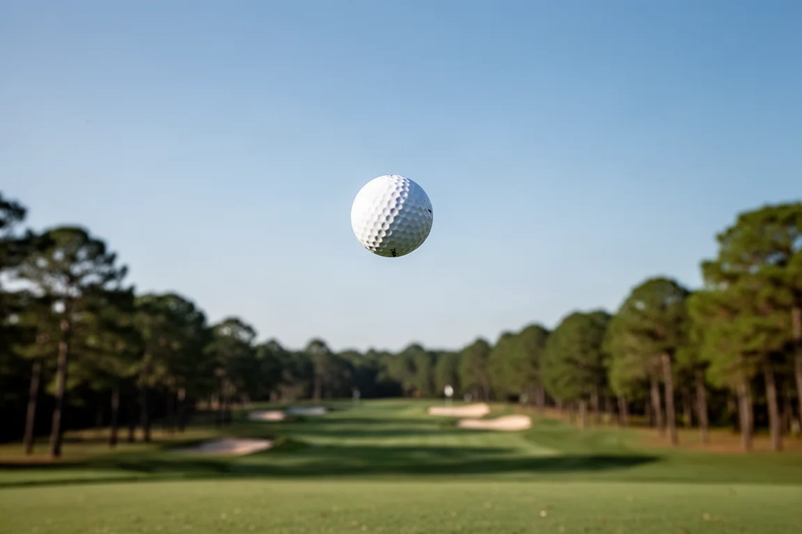 Bola de golf en vuelo contra un cielo azul despejado con una calle debajo