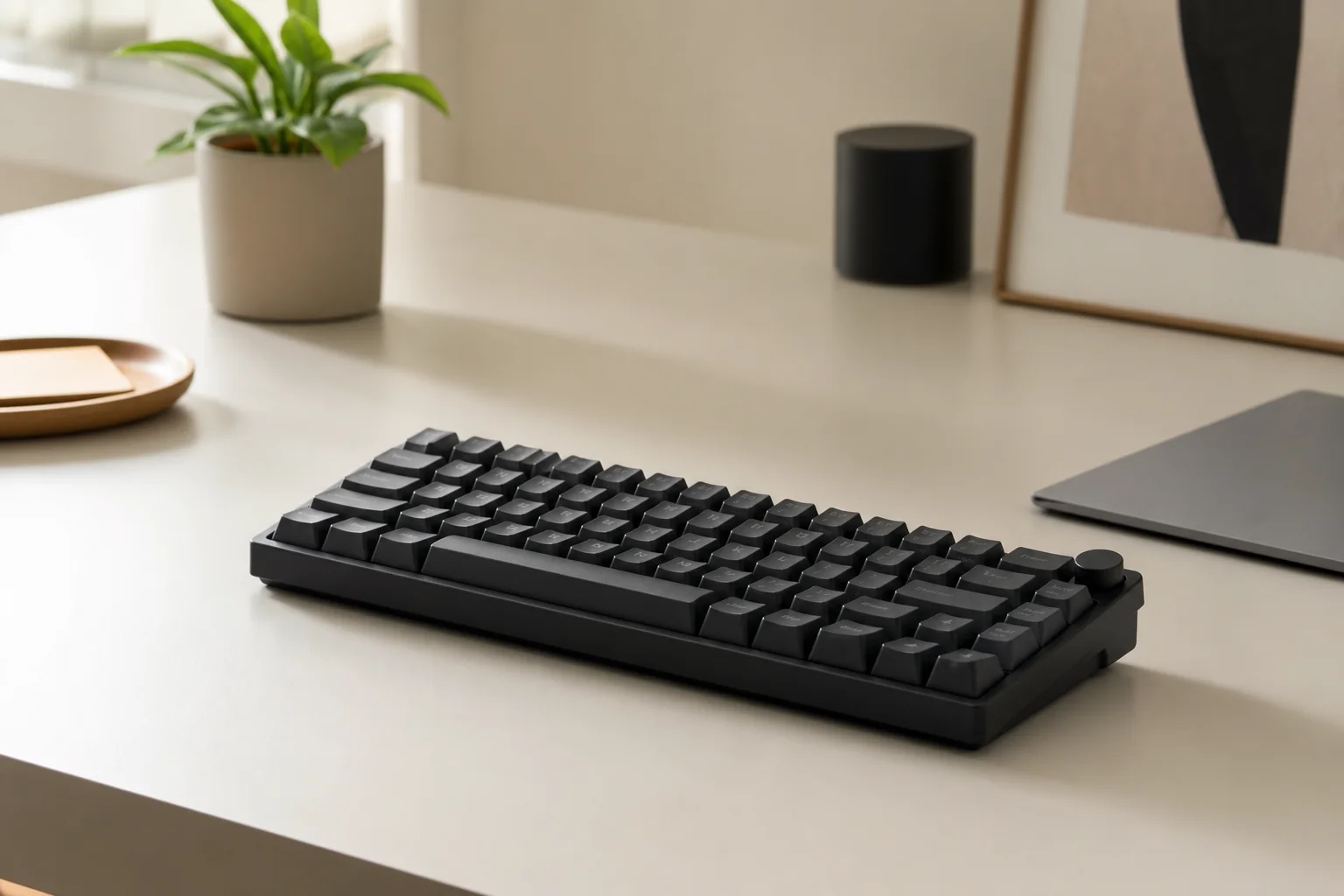 Kabellose Gaming-Tastatur auf einem aufgeräumten Schreibtisch mit minimalistischem Setup