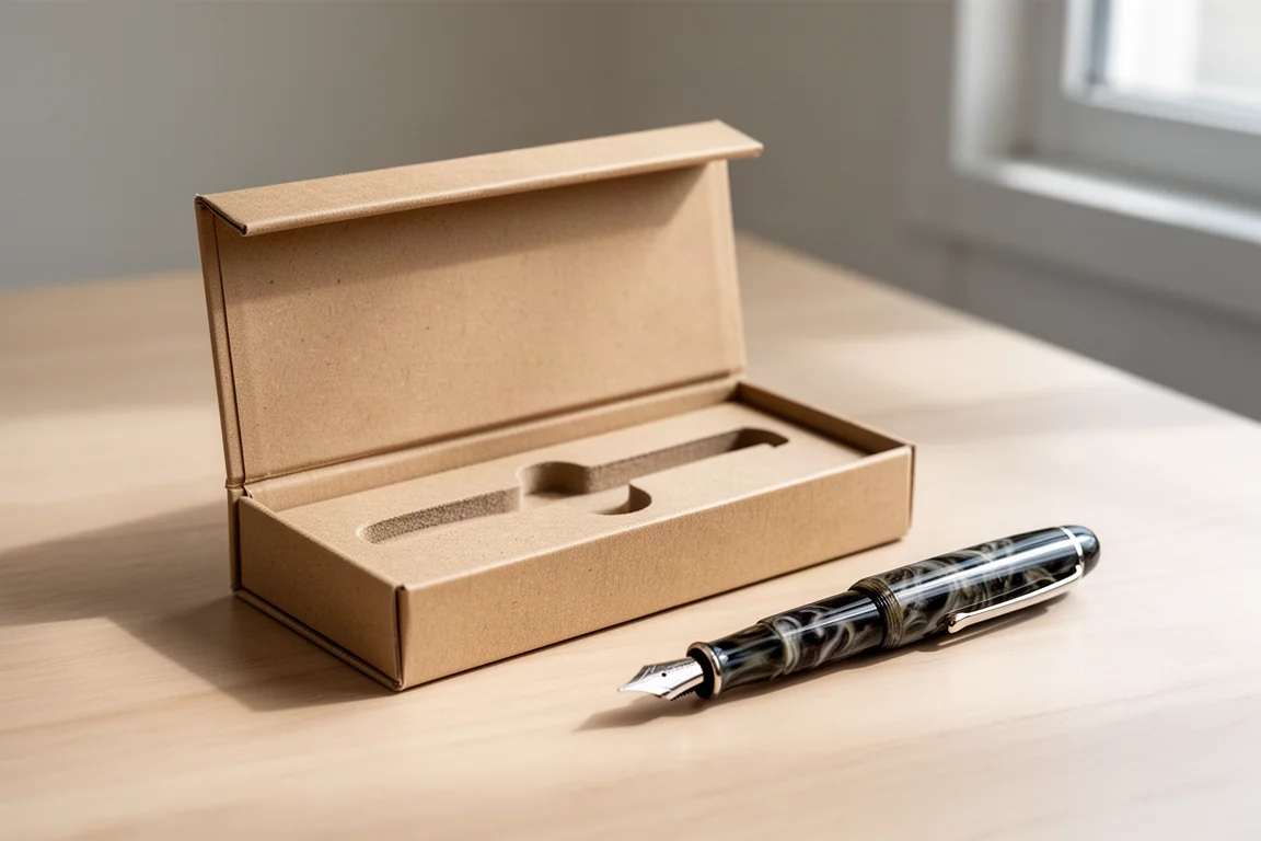 Pluma estilográfica reposando junto a su sencilla caja de presentación de cartón
