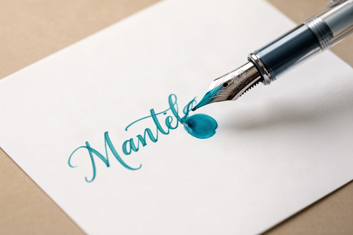 Muestra de escritura a mano en papel con una línea de estilográfica azul turquesa