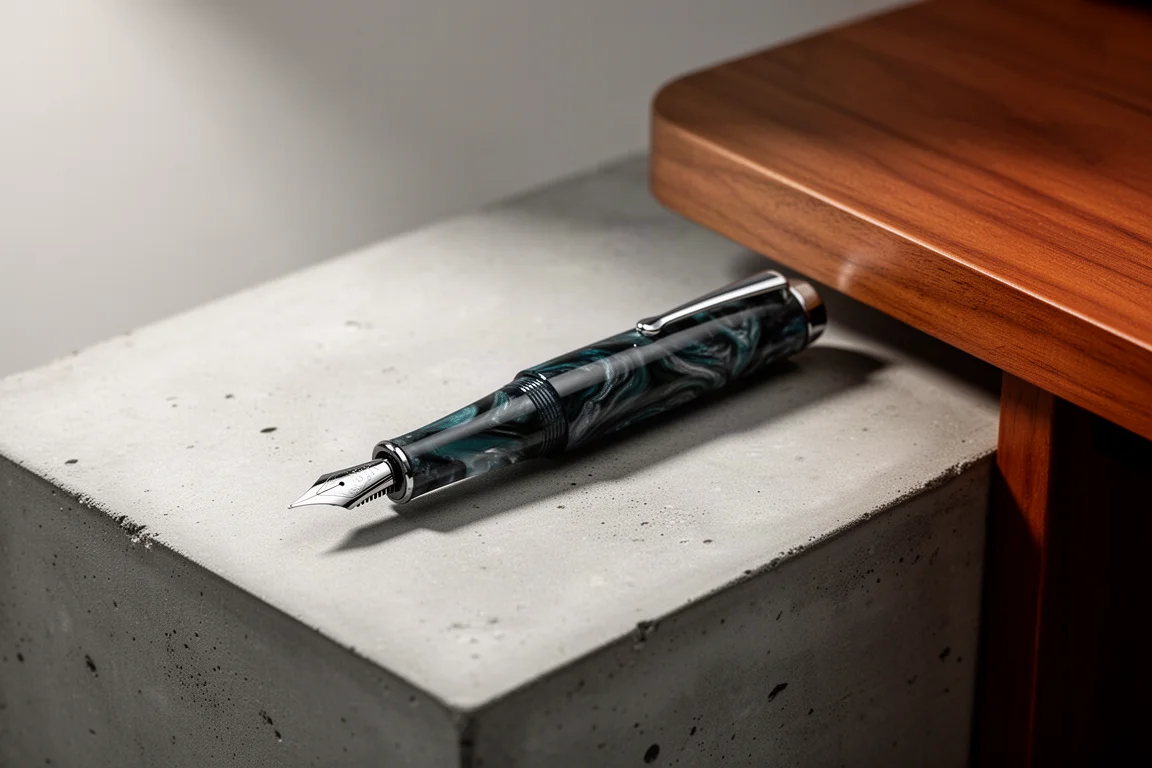 Resin piston fountain pen with swirling dark finish on a concrete surface