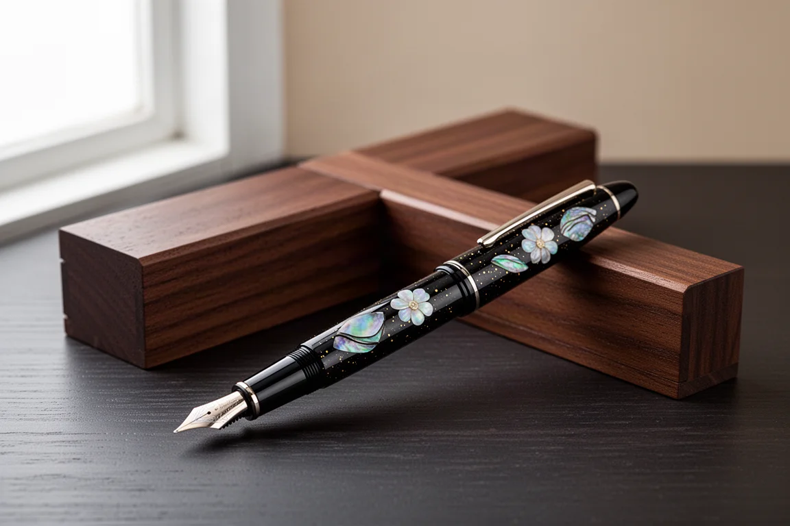 Black lacquered fountain pen with abalone shell inlay beside a wooden presentation box